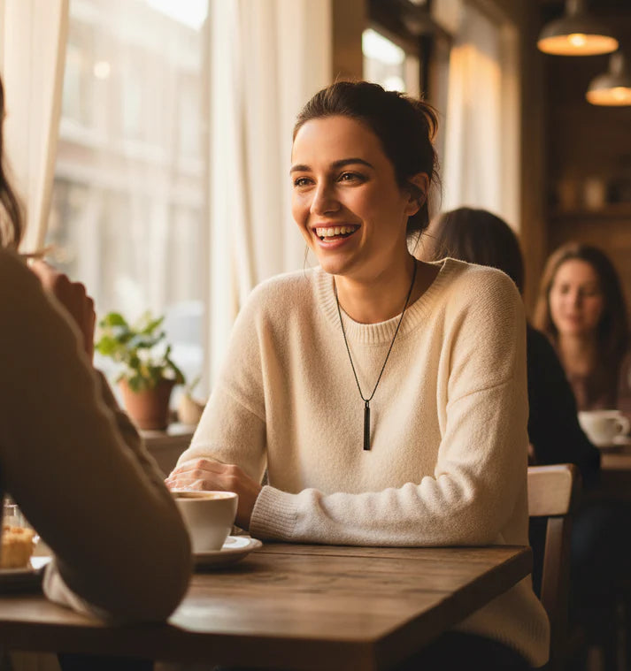 Woman wearing Mindflo Breathing Necklace