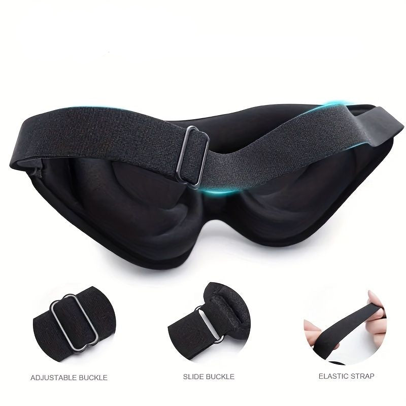 Black sleep mask with adjustable elastic strap on a white background